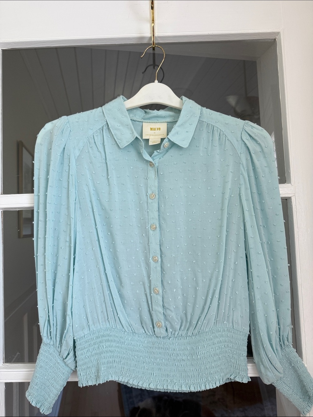 Maeve Anthropologie Light Blue Swiss Dot Smocked Waist Collared Blouse XS